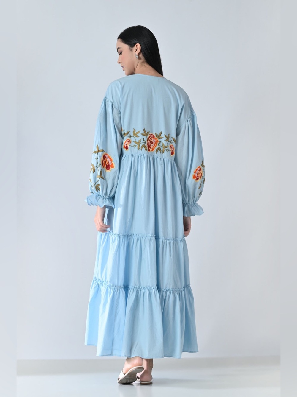 Samant Chauhan Powder Blue Embroidered Tiered Dress Size S - Picture 7 of 11
